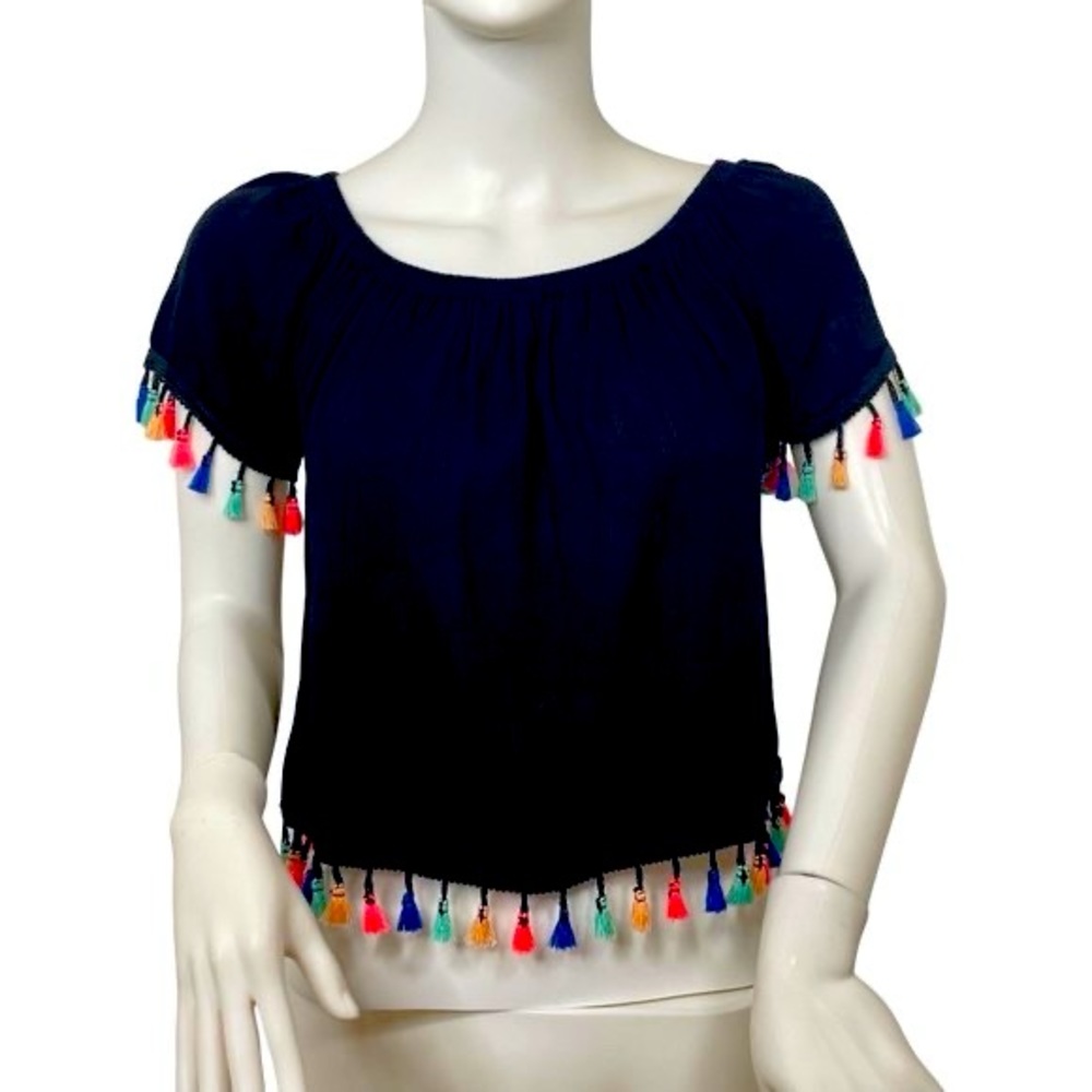 See You Monday Los Angeles Top Cropped Black Tassels Trim Multicolored Rayon